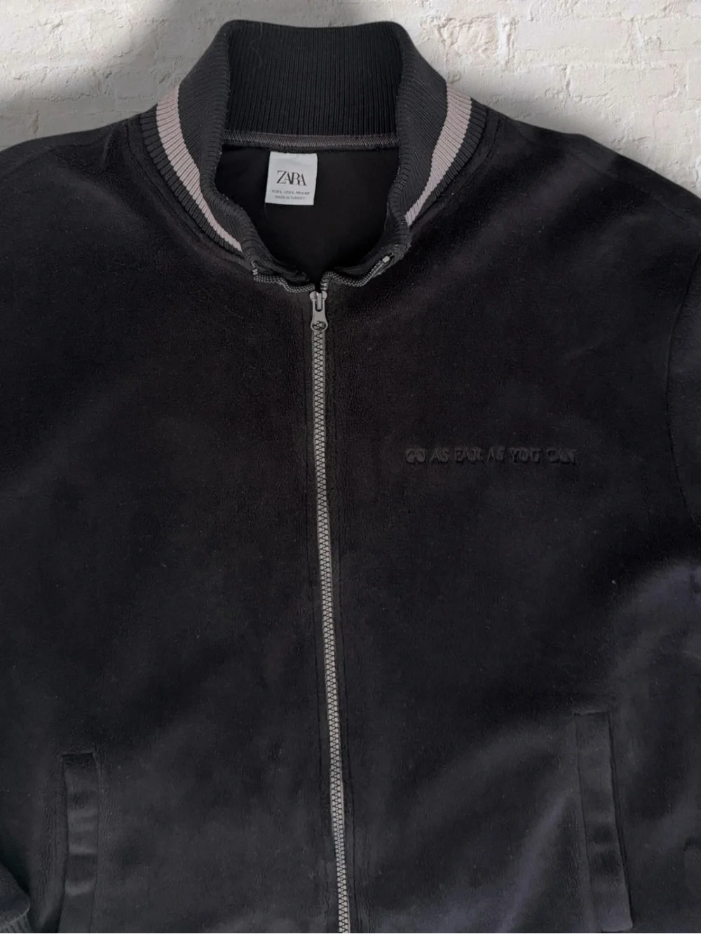 Zara Men Large Full Zip Track Jacket Black Go As Far As You Can Stripe Trim